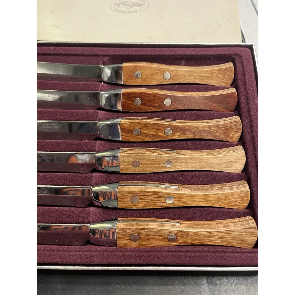 Vtg Carvel Hall Wood Handle Stainless Steak Knives 6pc IOB Japan